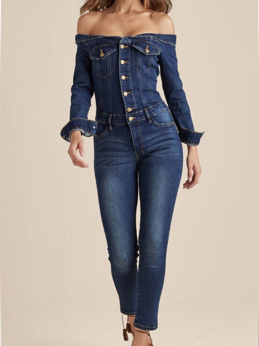 VENUS Off-Shoulder Dark Blue Denim Jumpsuit